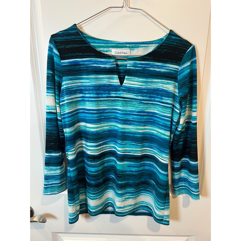 Calvin Klein Womens Top Keyhole Neckline Abstract Stripe Blue Size M